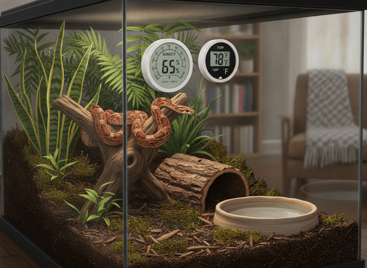 Corn snake in a secure terrarium with visible humidity and temperature monitors