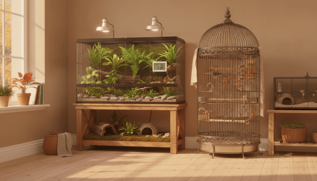 Clean indoor room with secure reptile, bird, and small-mammal habitats prepared for autumn