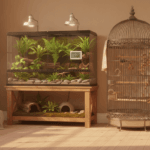 Clean indoor room with secure reptile, bird, and small-mammal habitats prepared for autumn