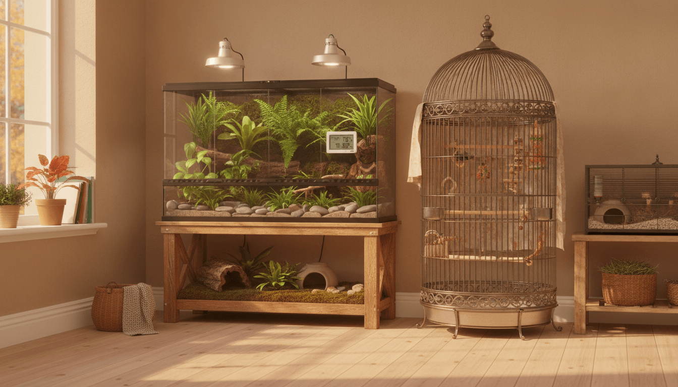 Clean indoor room with secure reptile, bird, and small-mammal habitats prepared for autumn