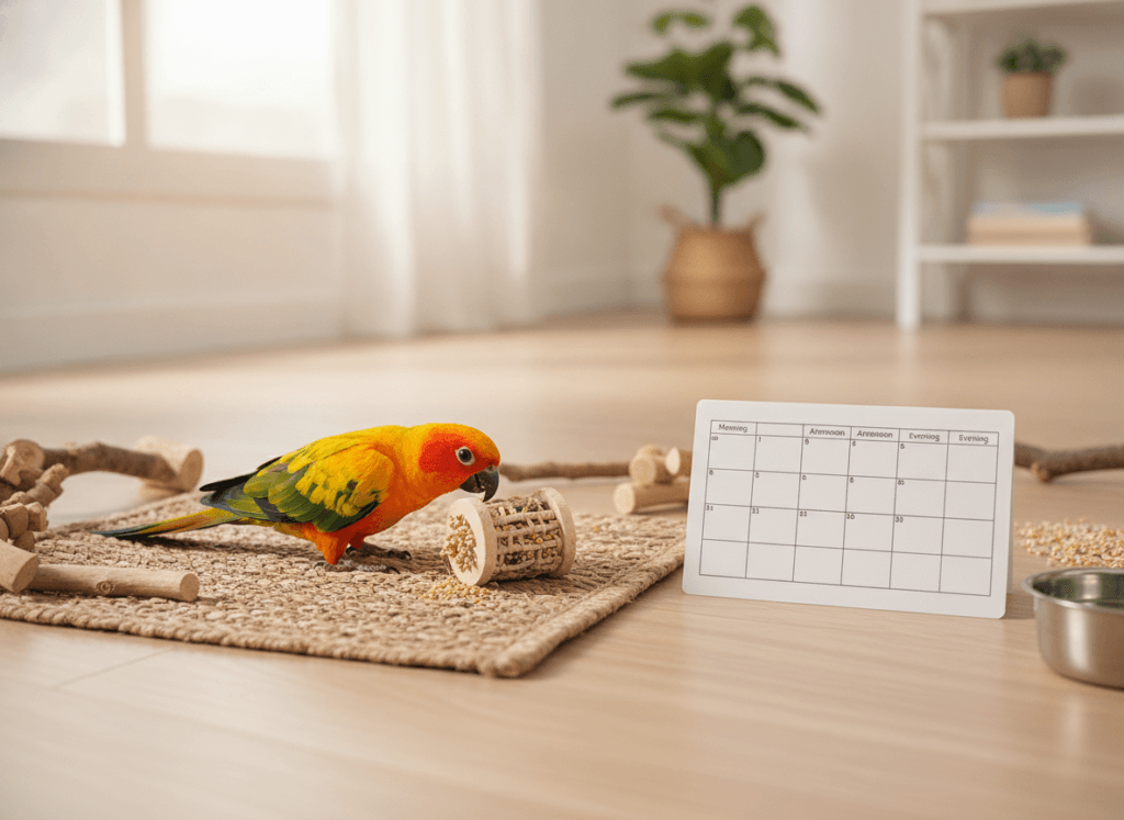 A companion bird exploring a safe foraging activity near a weekly routine card