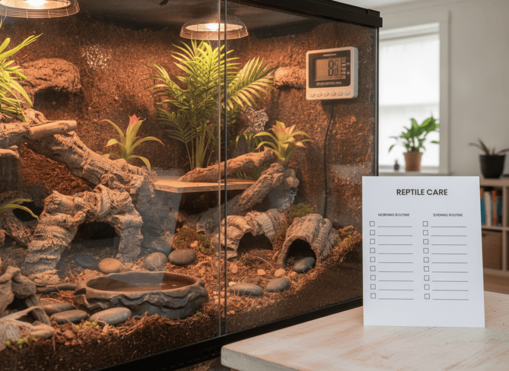 A reptile habitat beside a simple morning and evening care checklist