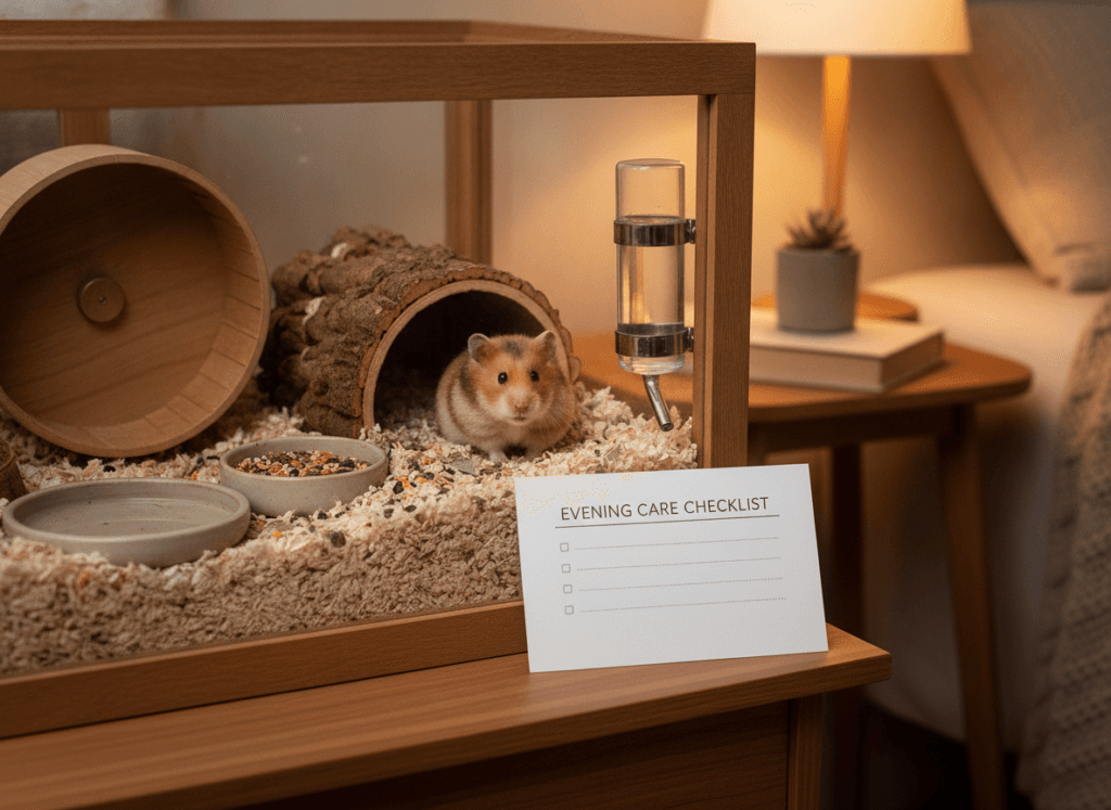 A small mammal habitat with a safe hide, enrichment item, and evening care checklist
