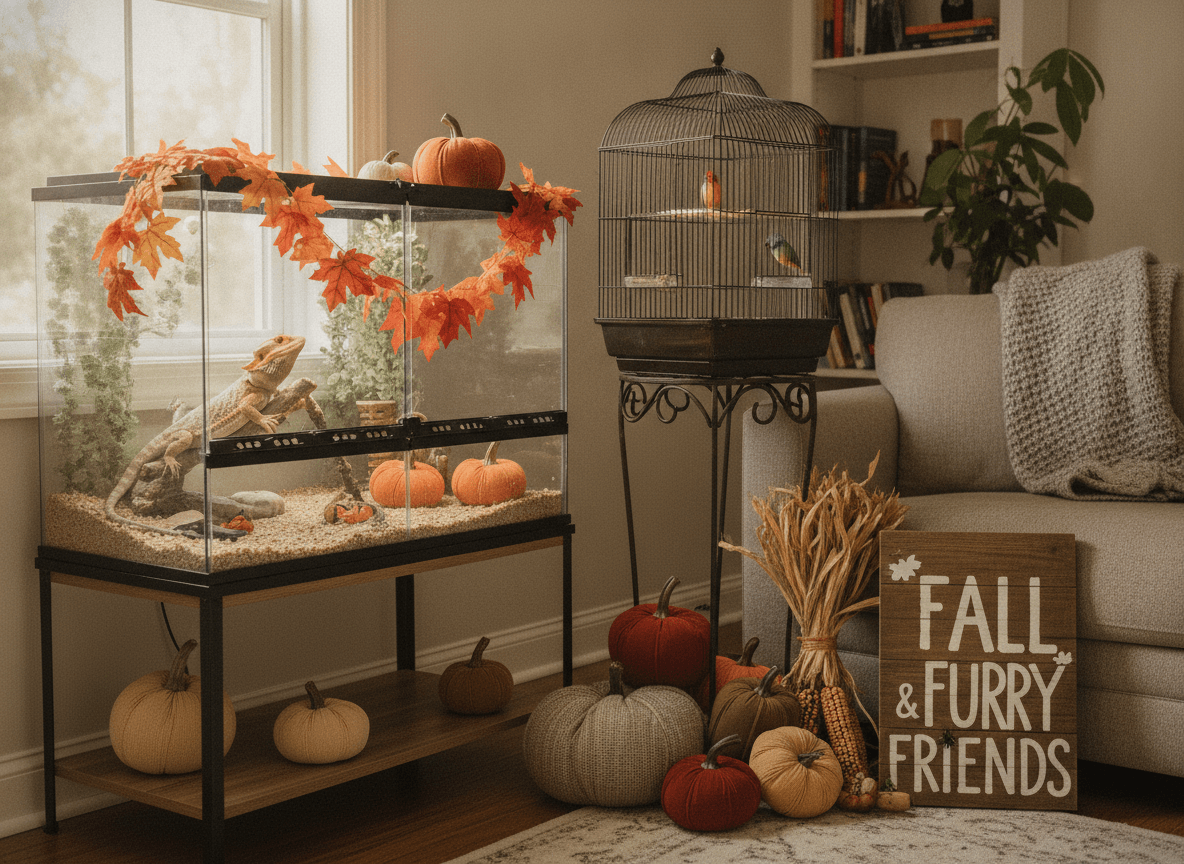 Pet-safe Halloween decorations placed away from an exotic pet habitat