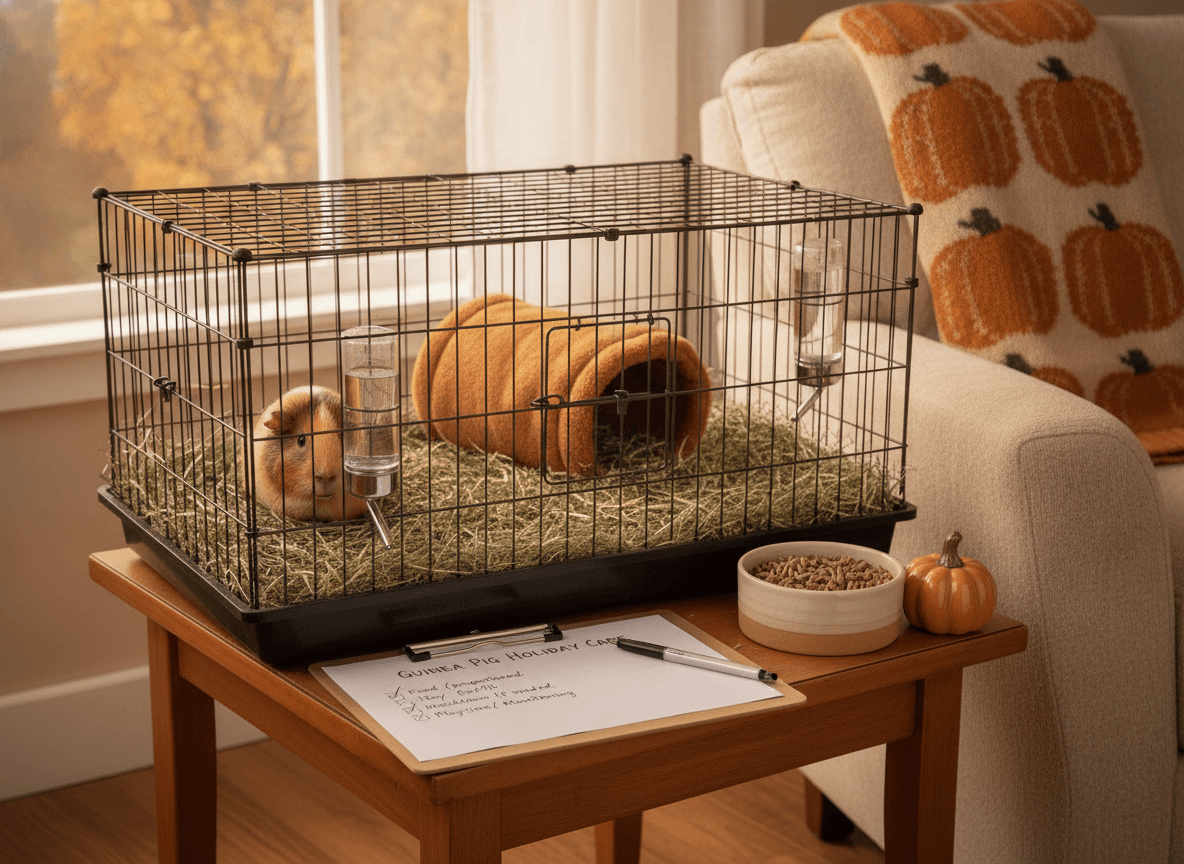 Guinea pig in a secure enclosure with hay, hide, and measured food for a caregiver
