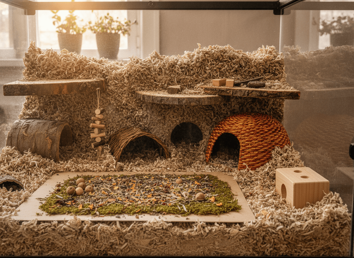 Small mammal habitat with bedding, cardboard tunnels, forage area, and chew-safe wooden enrichment