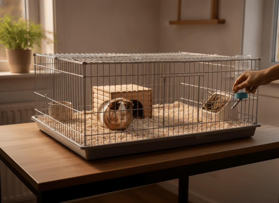 Clean small-mammal habitat with dry bedding, hide, and safe room placement