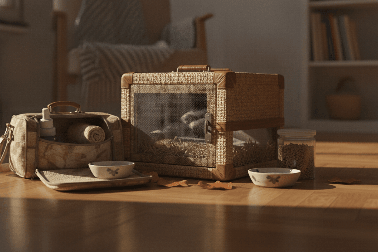 A secure small-mammal travel carrier with familiar bedding, a hide, and a planned water supply for autumn travel