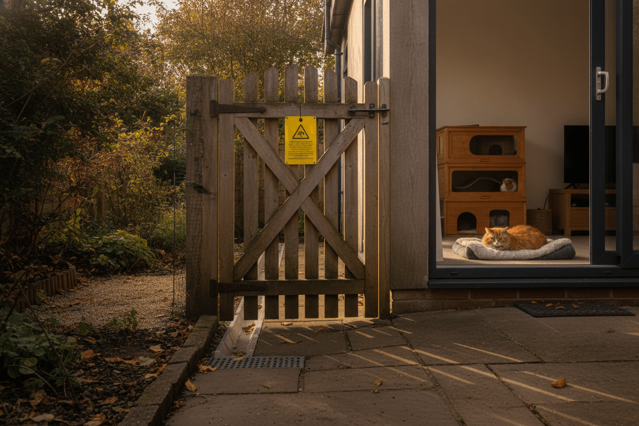 A closed gate separates an exotic pet from a recently treated autumn garden