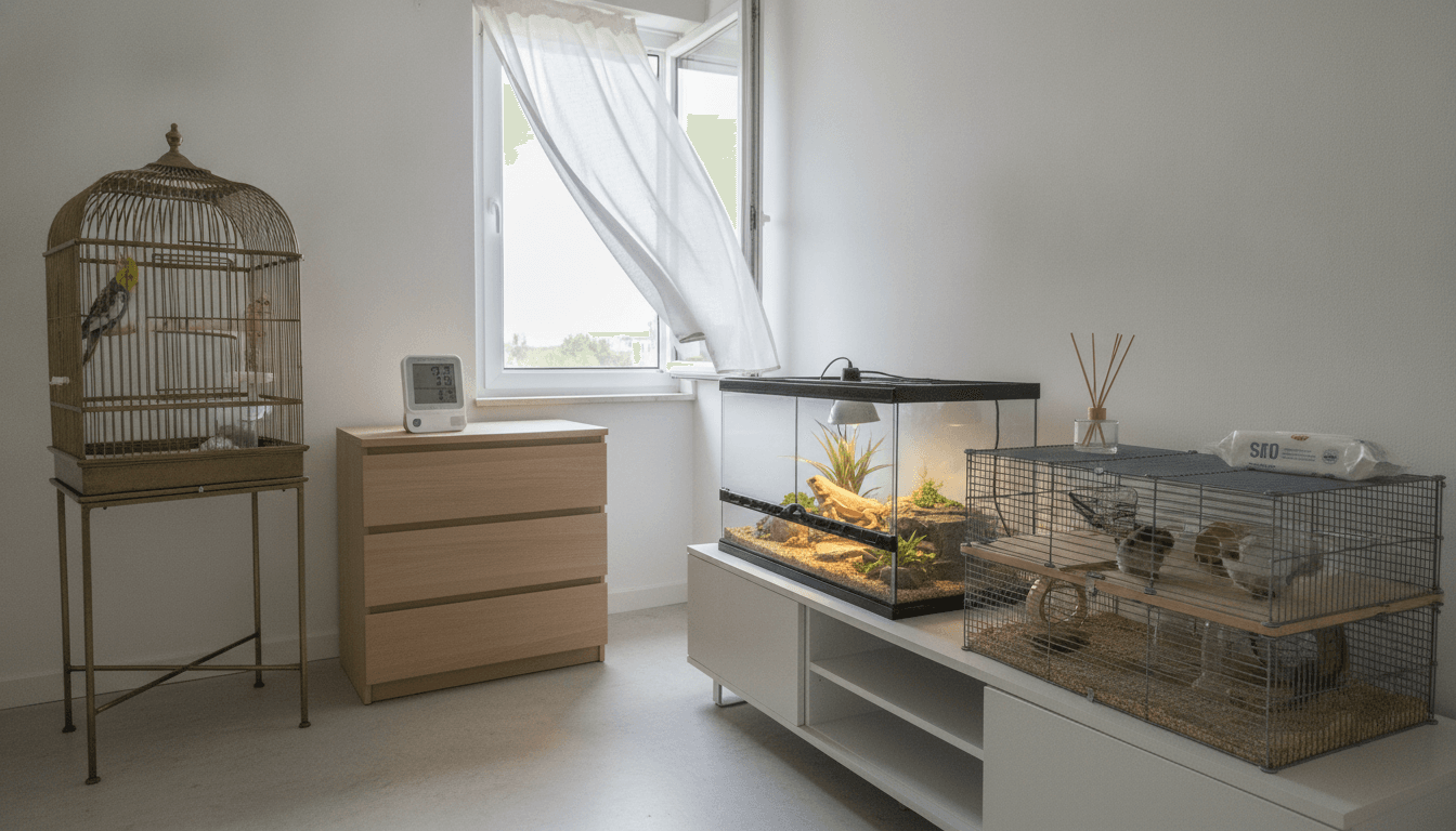 Open window and air-quality monitor in a room with safely placed exotic pet habitats