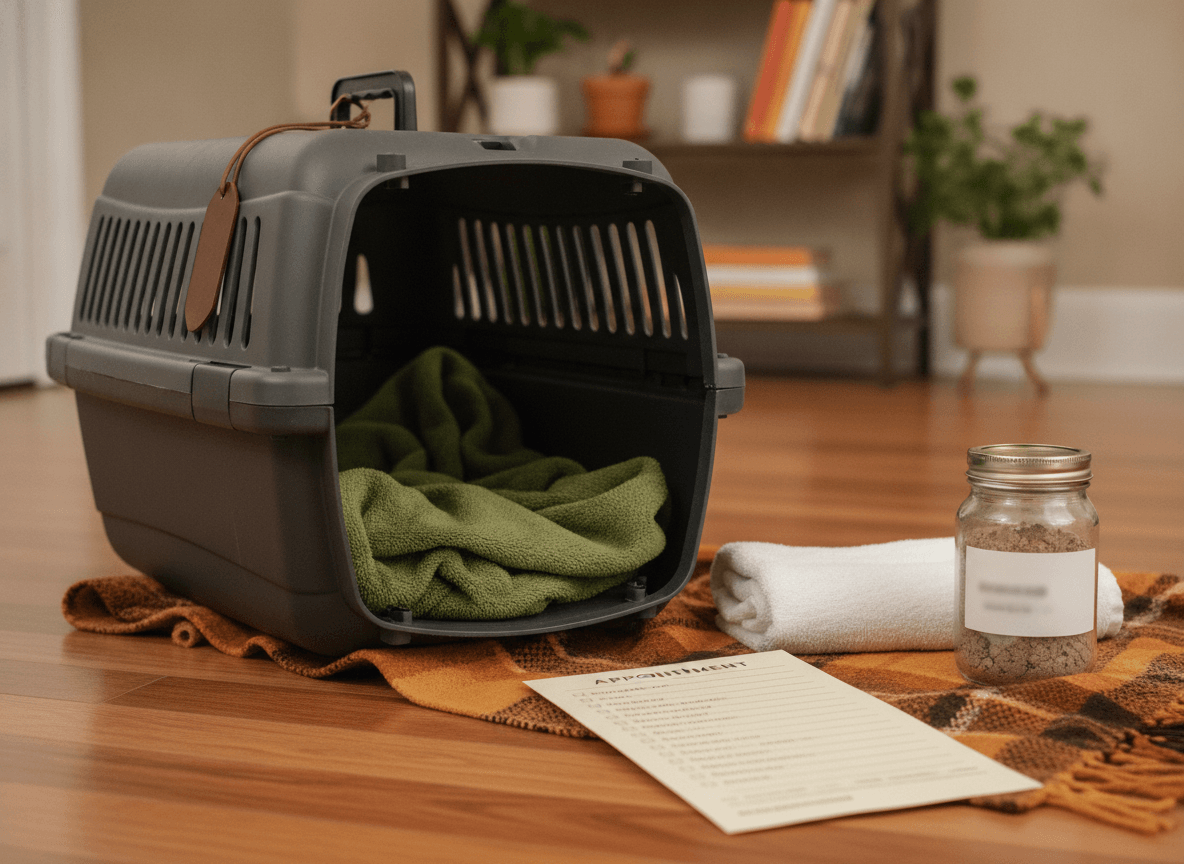 Secure ventilated carrier and appointment notes prepared for an exotic-pet veterinary visit