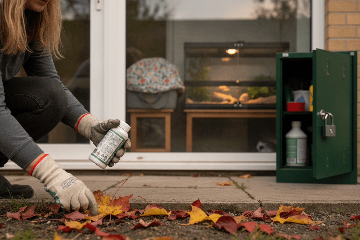 An adult inspecting an autumn garden while exotic pet habitats remain safely indoors
