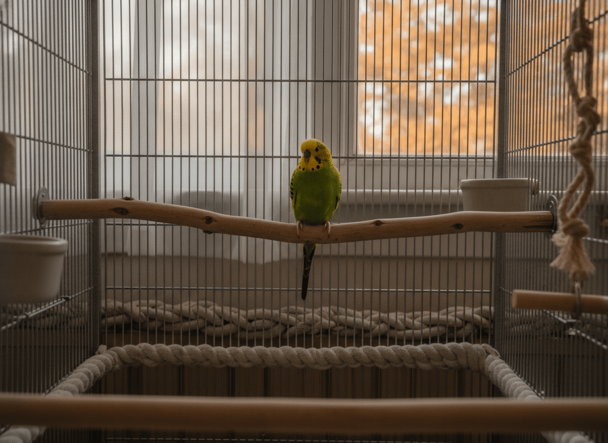 Small parrot on a safe natural perch in a tidy indoor enclosure