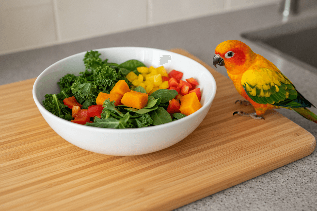 A small parrot near a bowl of leafy greens, bell pepper, and pumpkin prepared as seasonal produce