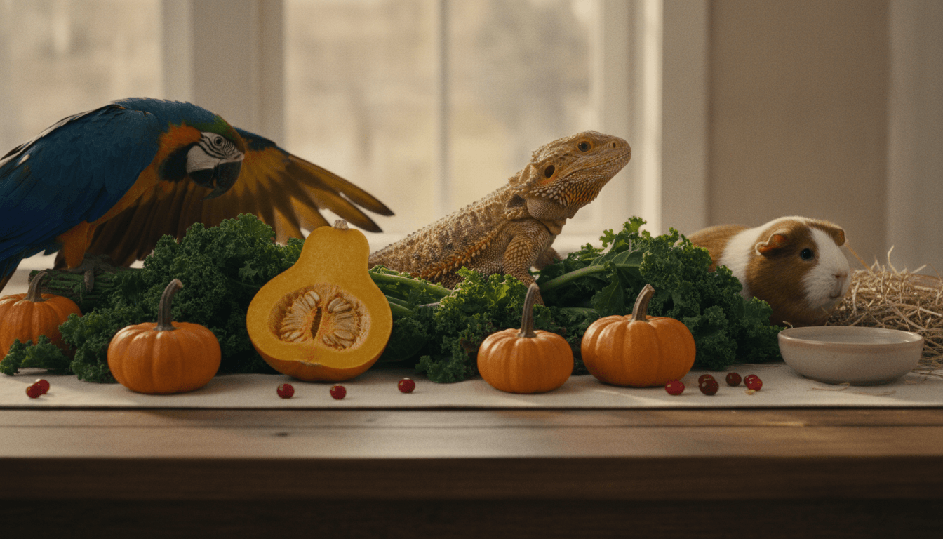 Autumn produce arranged beside a parrot, bearded dragon, and guinea pig for a safe exotic-pet feeding guide