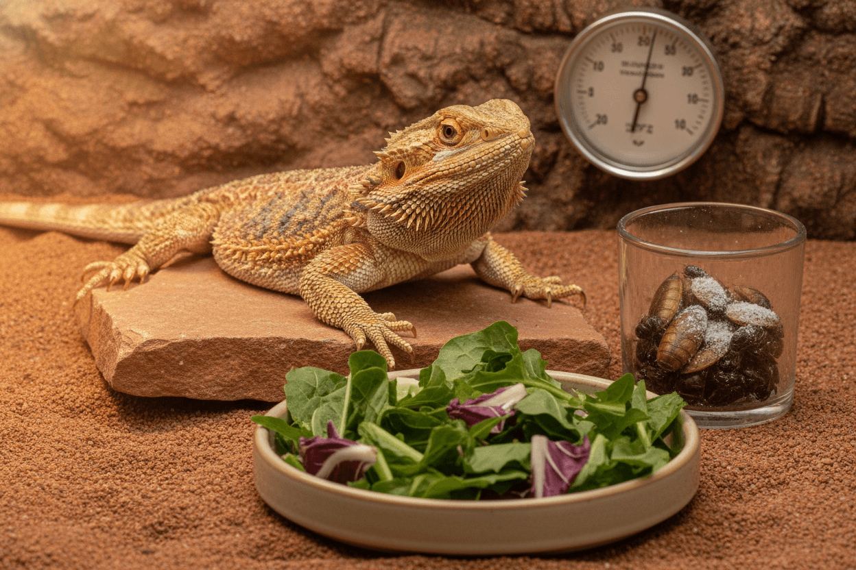 A bearded dragon beside leafy greens and a separate cup of measured feeder insects