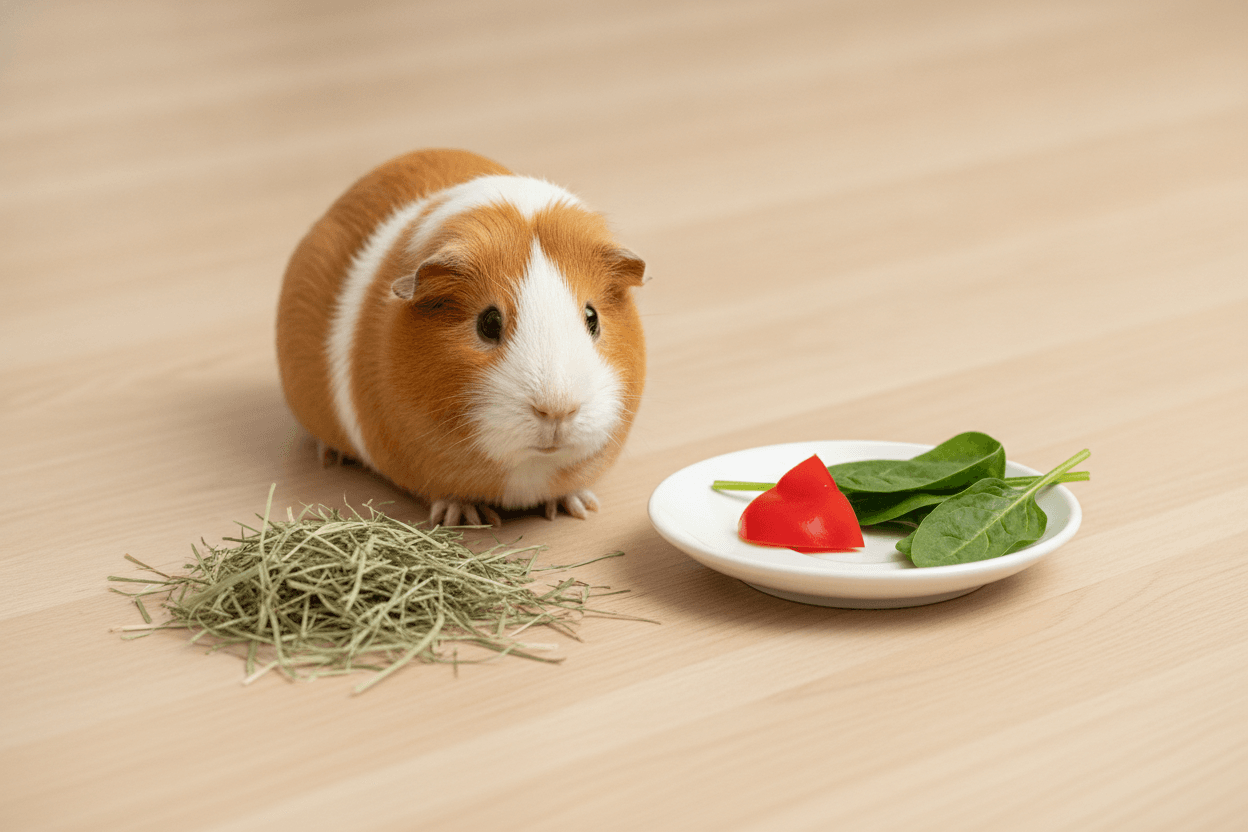 A guinea pig beside hay, leafy greens, and a small measured piece of bell pepper