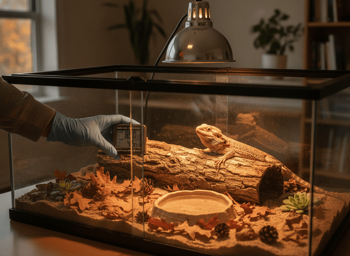 Digital temperature and humidity checks in a clean reptile terrarium