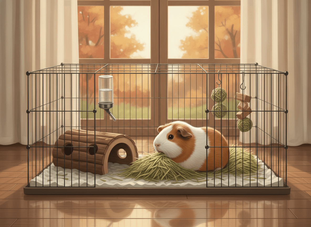 Guinea pig in a clean indoor habitat with hay and a hide