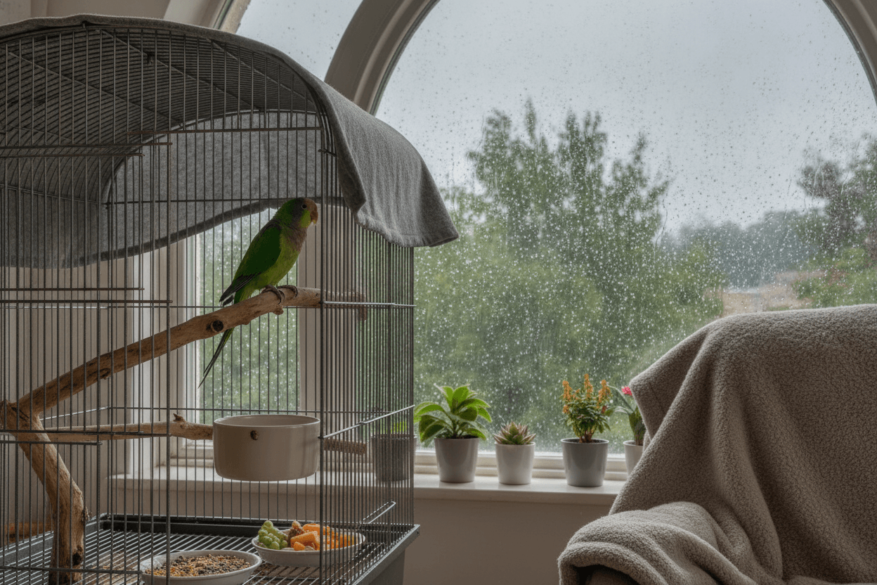 Small parrot perched in a secure indoor cage beside a rainy window with dry perches and clean water