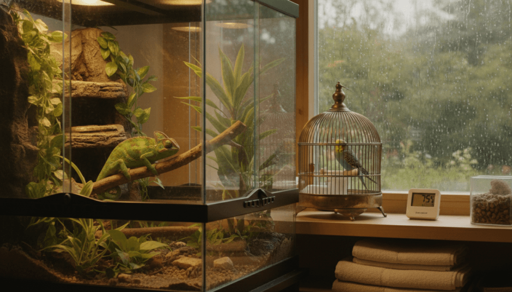 Indoor exotic pet care room with a terrarium and bird cage on a rainy day