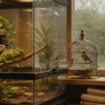 Indoor exotic pet care room with a terrarium and bird cage on a rainy day