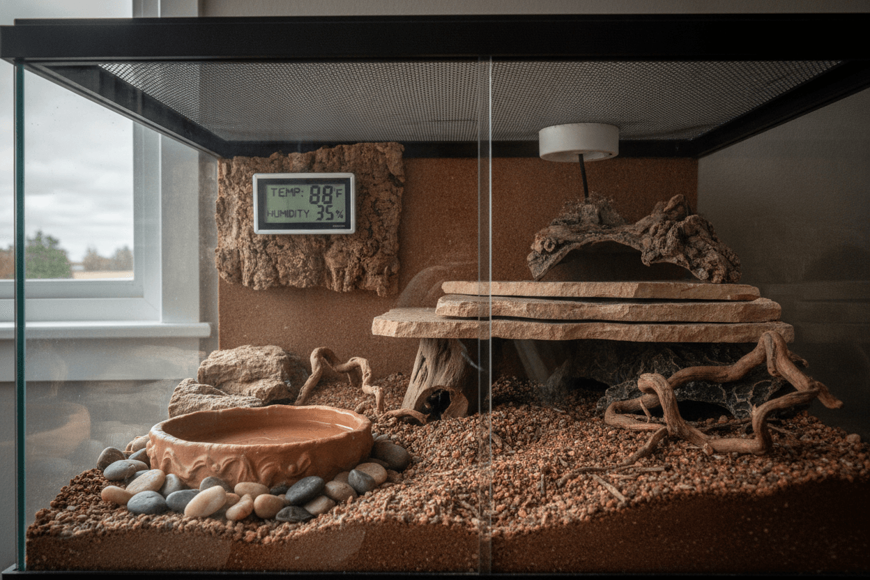 Bearded dragon terrarium with a digital hygrometer, ventilated lid, basking area, and water dish