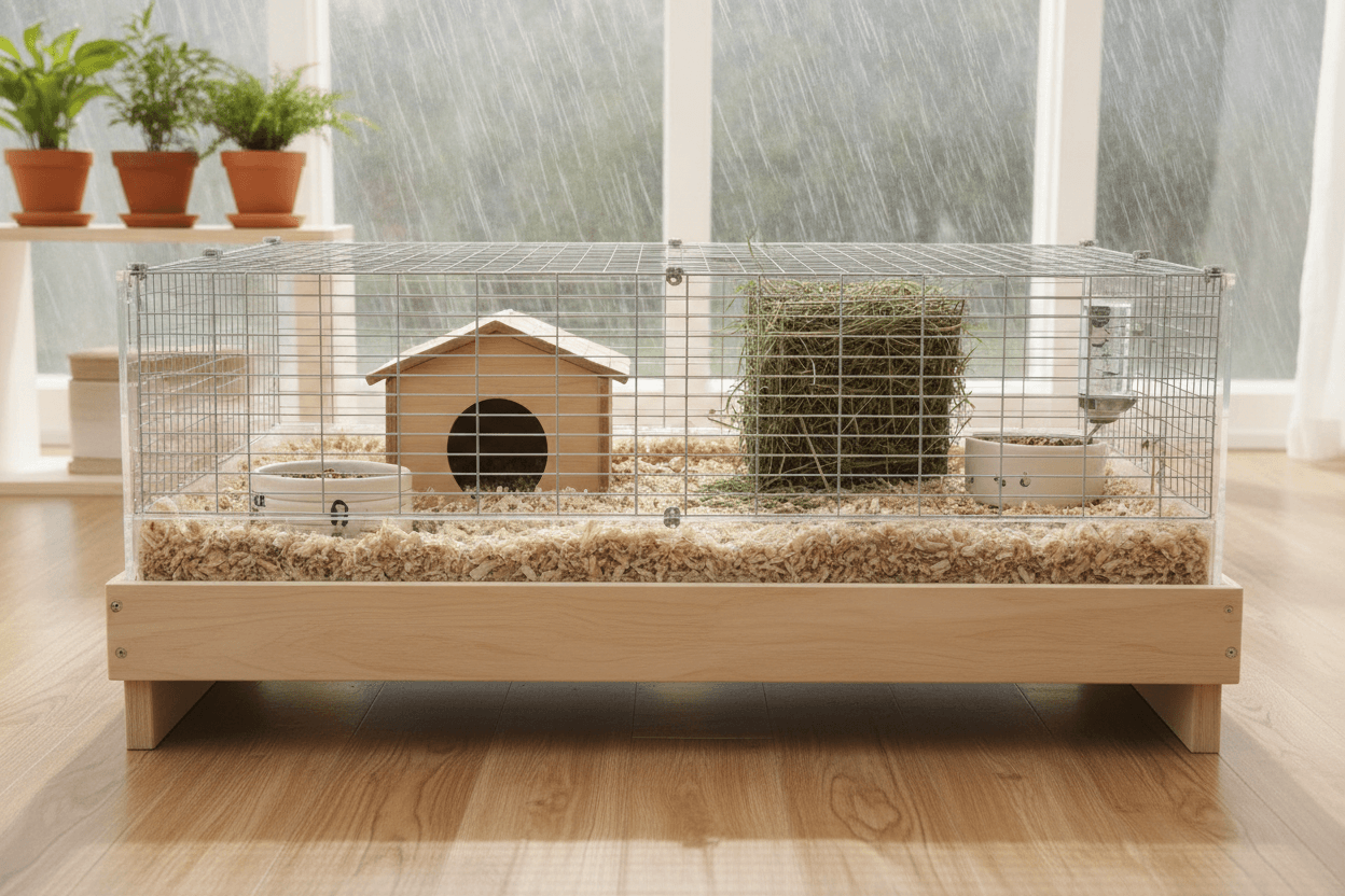 Clean dry guinea pig habitat with paper bedding, hay rack, hideout, and raised indoor placement