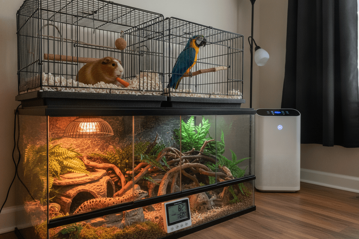 A reptile enclosure with stable temperature and humidity gauges in a clean indoor room
