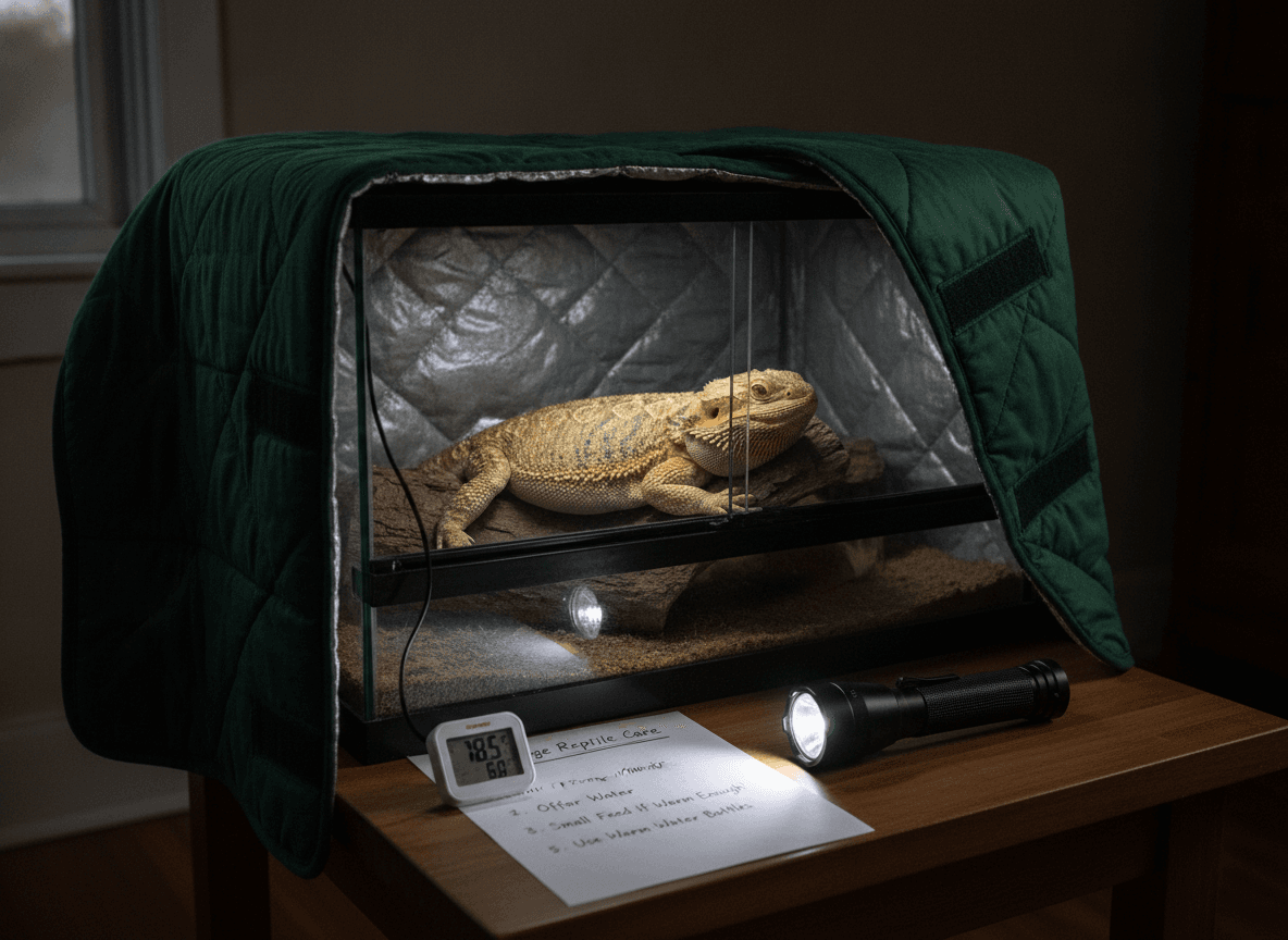 Bearded dragon enclosure with an insulated cover, thermometer, flashlight, and outage checklist