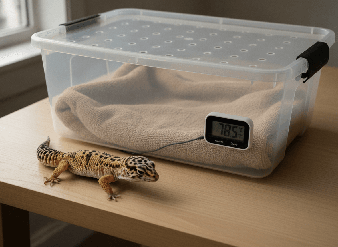 Secure reptile transport tub with towel and thermometer