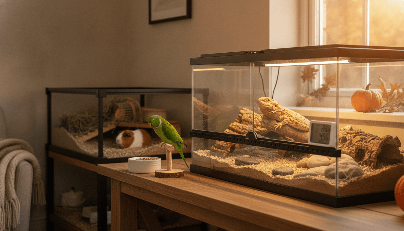 Exotic pet seasonal care setup for shorter days