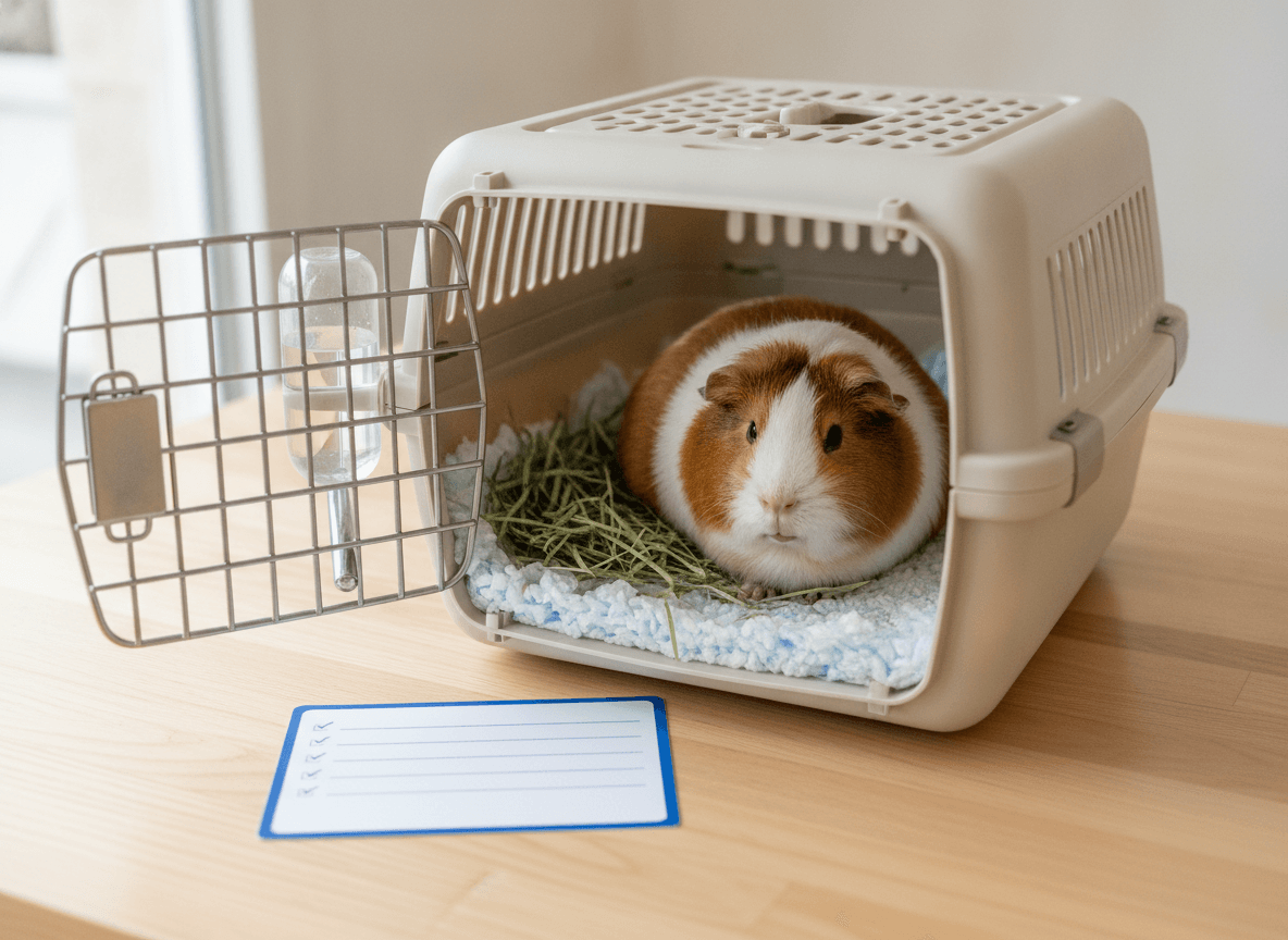 Guinea pig carrier with hay bedding and water bottle