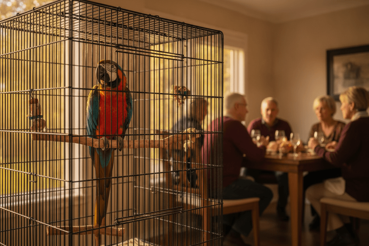 Parrot resting in a secure cage while holiday guests keep a respectful distance