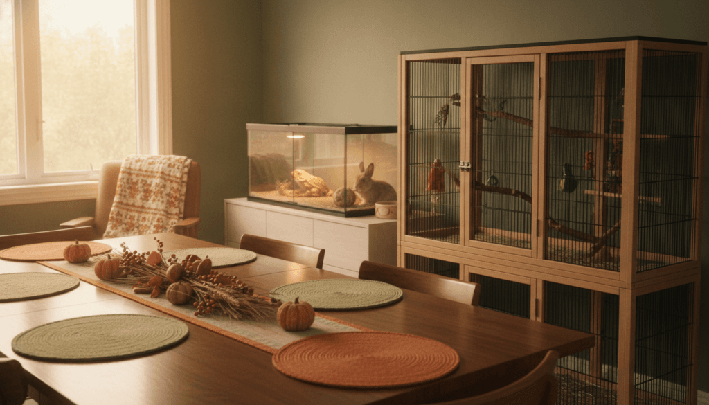 Secure bird cage, small mammal habitat, and reptile terrarium prepared safely for Thanksgiving