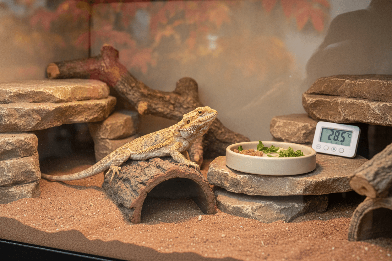 Bearded dragon in a clean terrarium with a safe feeding dish and digital thermometer