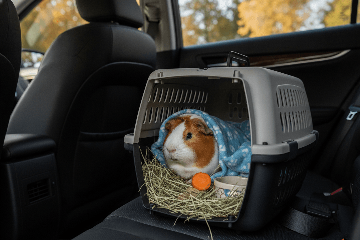 Calm small mammal in a secure ventilated carrier with hay and a familiar blanket