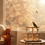 Green-cheeked conure near a bird-safe window with autumn light