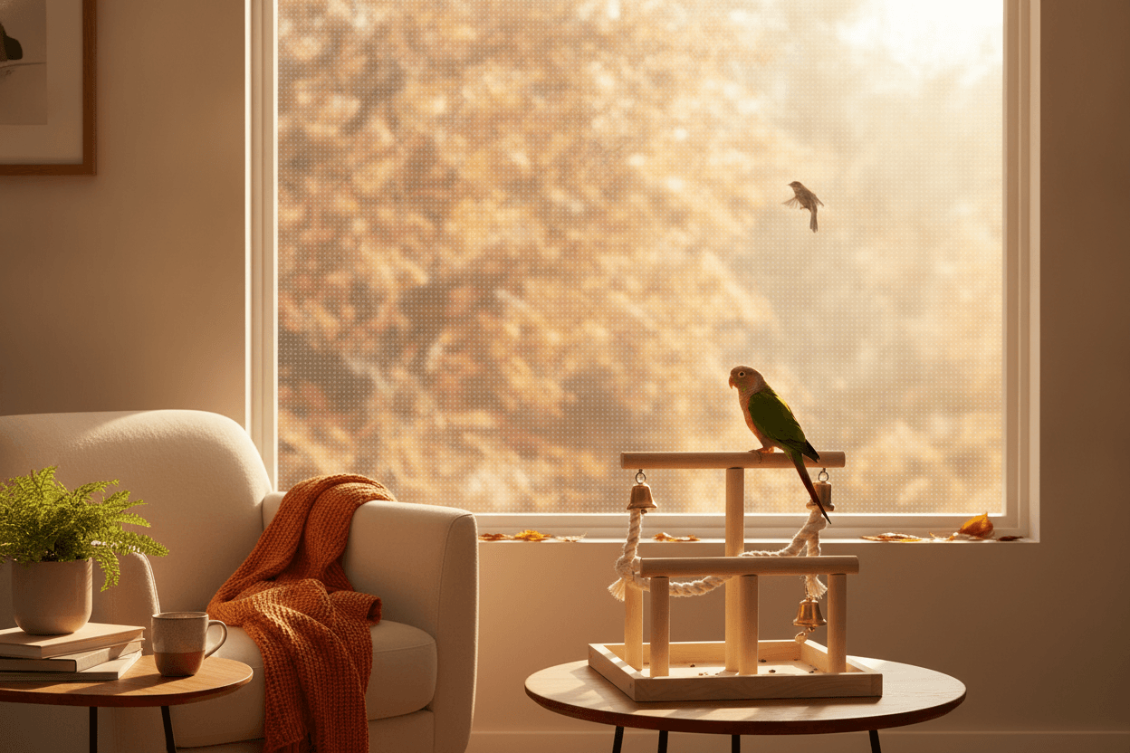 Green-cheeked conure near a bird-safe window with autumn light