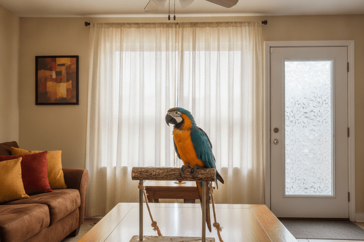 Companion parrot perched in a supervised room with curtains drawn and the window closed