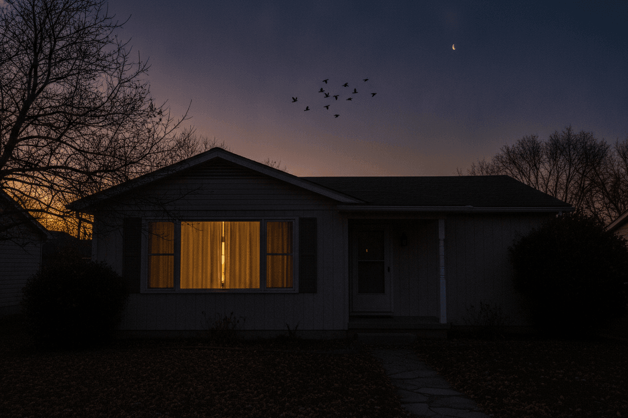 Autumn home at dusk with curtains drawn and unnecessary exterior lights switched off
