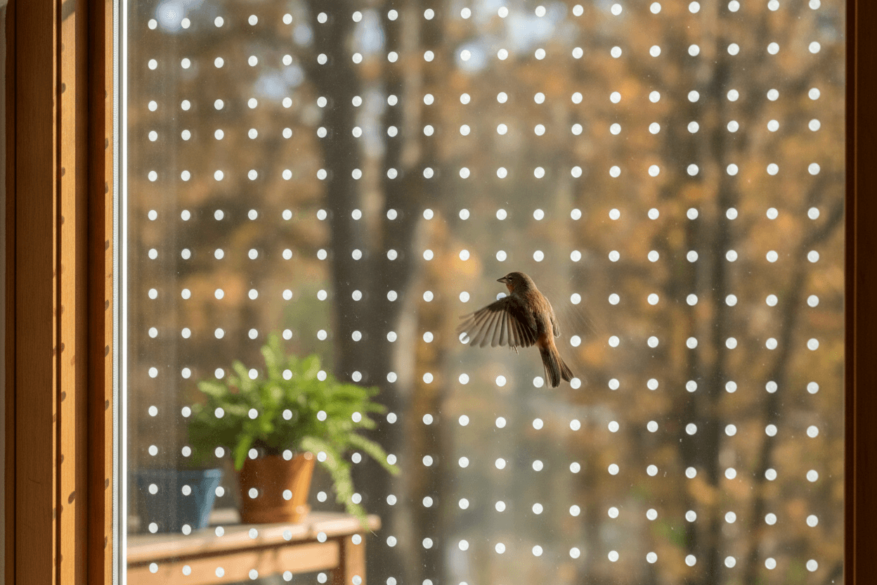 Close view of evenly spaced exterior window markers breaking up tree reflections for wild birds