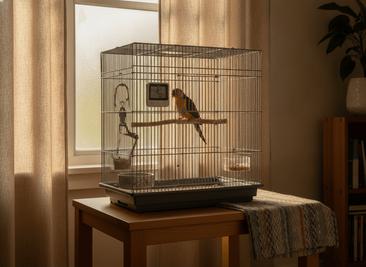 Parrot in a clean cage positioned away from a draft with a humidity monitor nearby