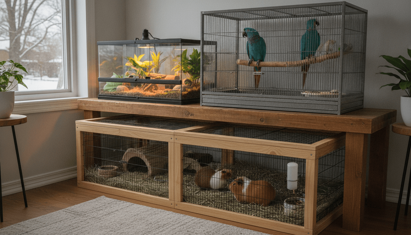 Bird, reptile, and small mammal habitats prepared for winter indoors