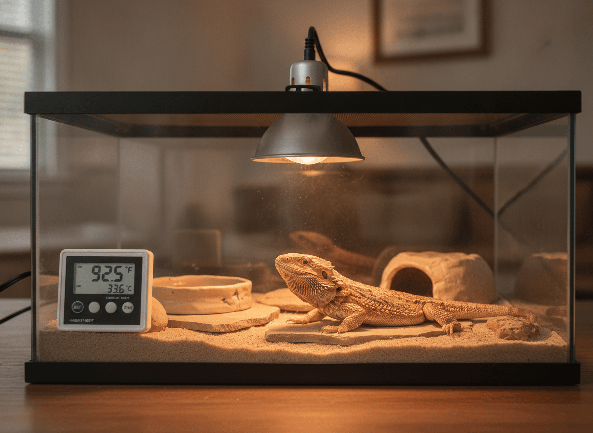 Lizard in a secure terrarium with a basking lamp and digital temperature monitor