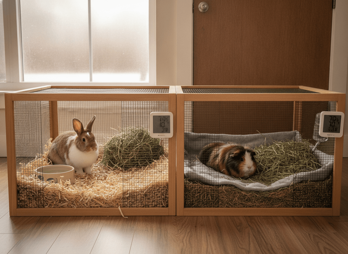 Rabbit and guinea pig habitats with clean bedding, hay, water, and a temperature monitor